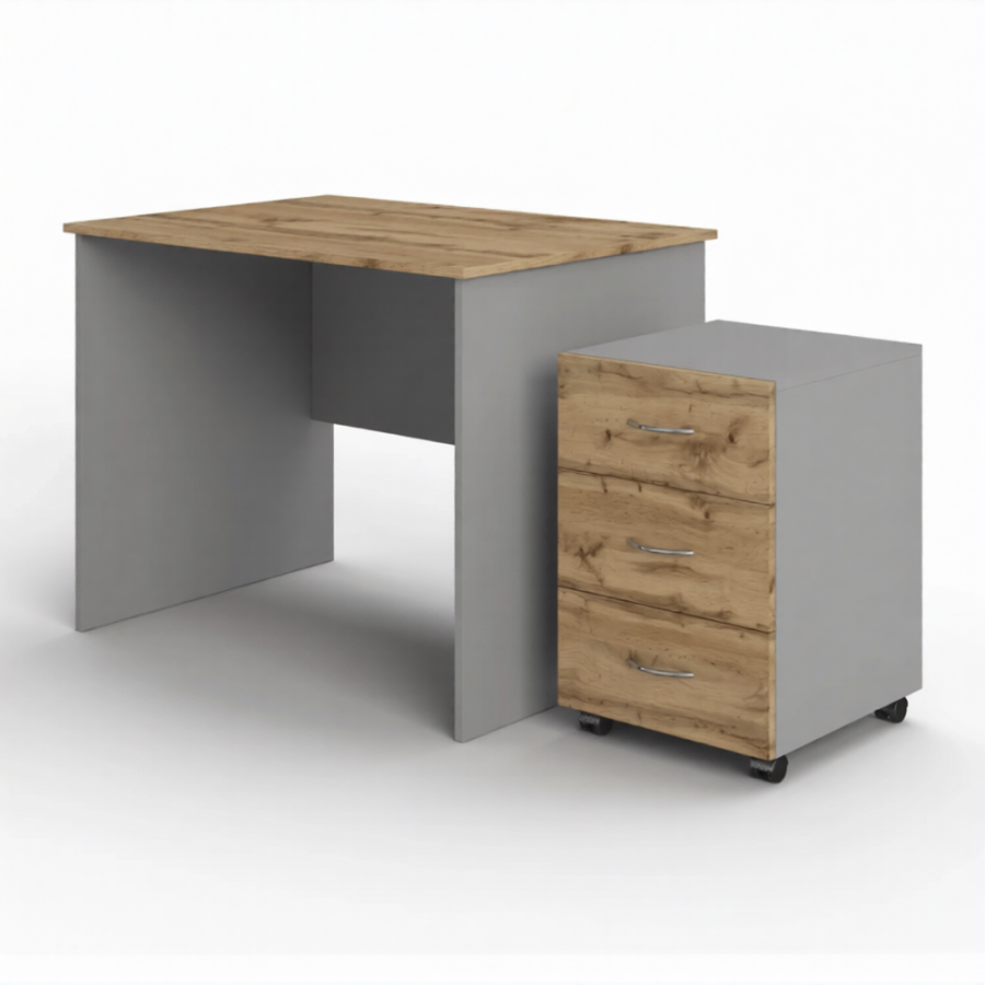 Стол рабочий СрТ-17 (1400х600х750) с приставной тумбой (корпус ЛДСП серый, столеш. ЛДСП дуб вотан)